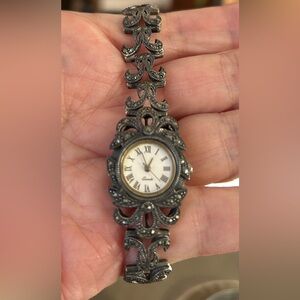 Vtg Ladies Sterling & Marcasite Watch
